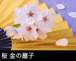 桜の花と花びら 金の扇子 紺色和紙の背景