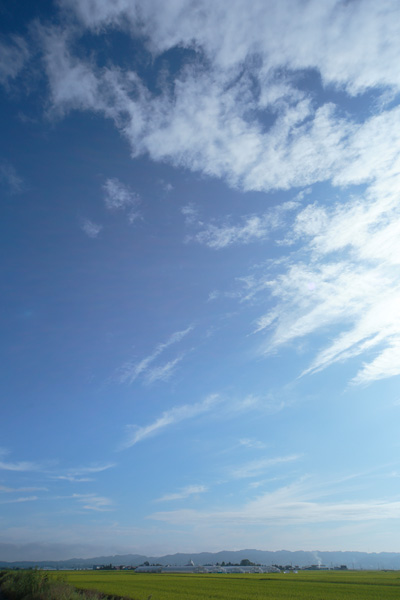 早朝の凛とした青空と雲の写真。無料素材。合成素材に最適。レベル未調整、用途で調整してください。