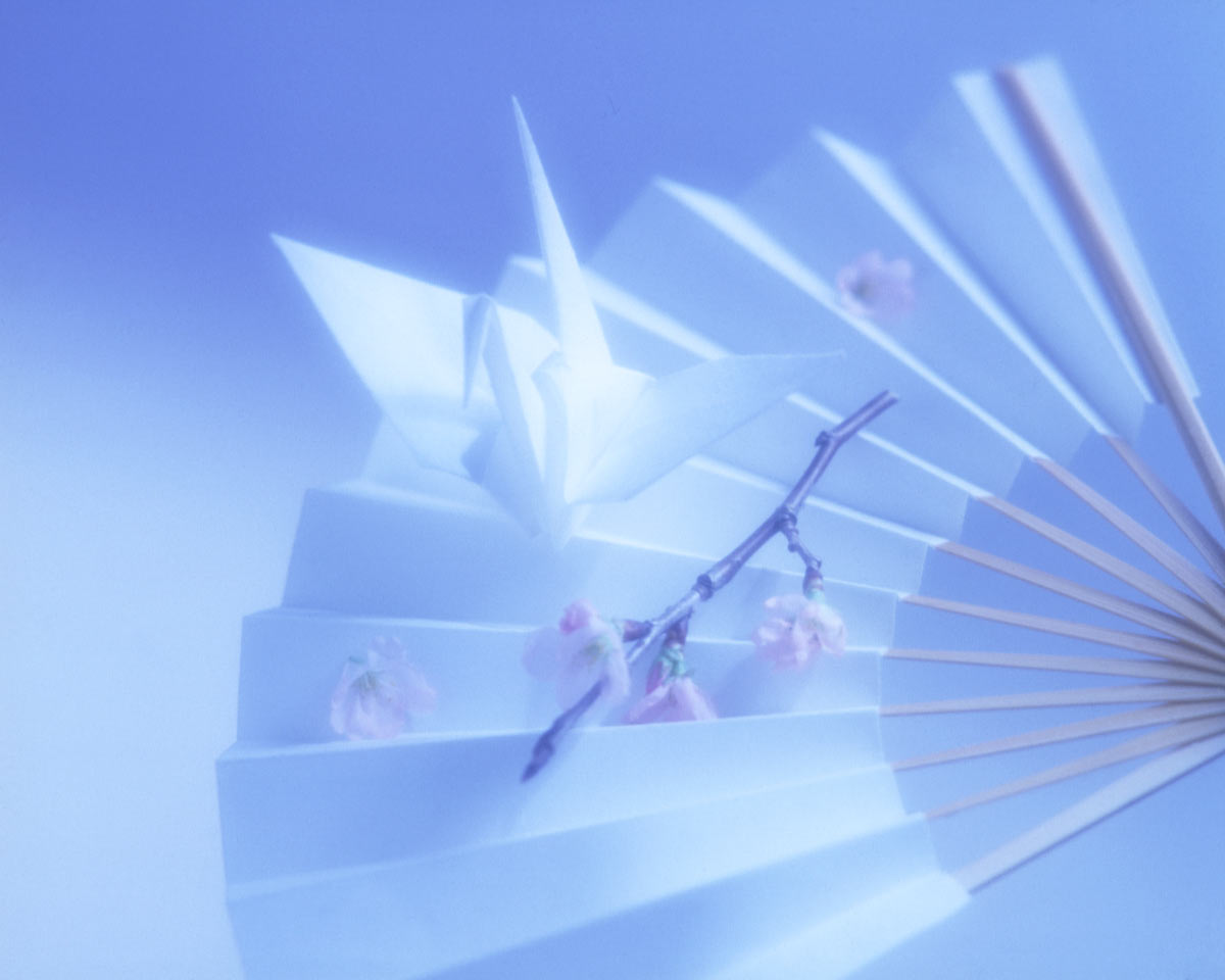 wa-007　白い扇子と折り鶴 ・梅の花