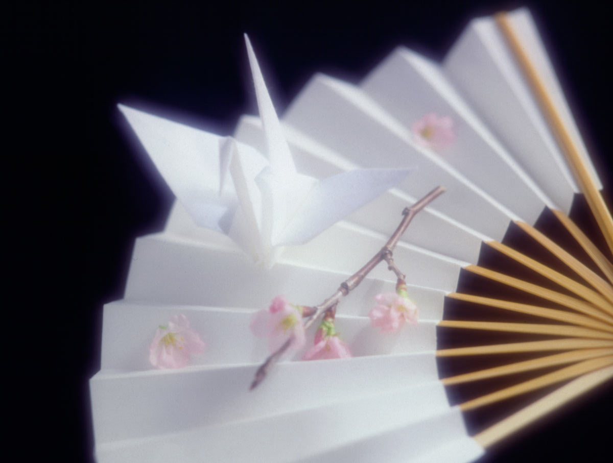 wa-008　白い扇子と折り鶴 梅の花